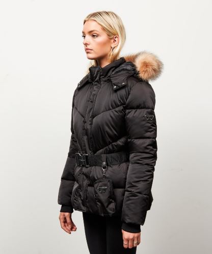 Kadın Lucia Kuşaklı Chevron Kürk Ceket Alessandro Zavetti Siyah